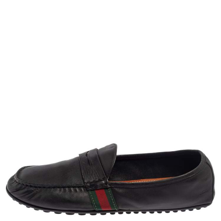 Pre Owned Gucci Black Leather Web Detail Loafers Size 45.5