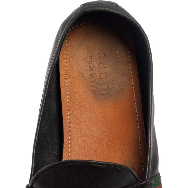 Pre Owned Gucci Black Leather Web Detail Loafers Size 45.5