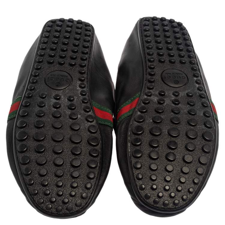 Pre Owned Gucci Black Leather Web Detail Loafers Size 45.5