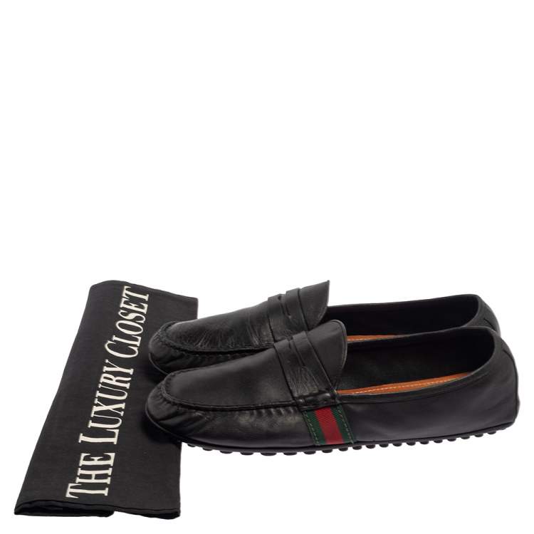 Pre Owned Gucci Black Leather Web Detail Loafers Size 45.5