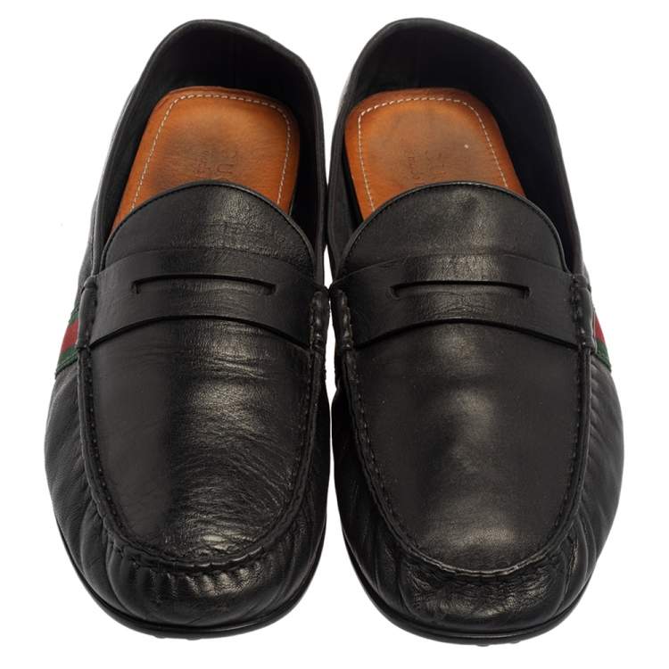 Pre Owned Gucci Black Leather Web Detail Loafers Size 45.5