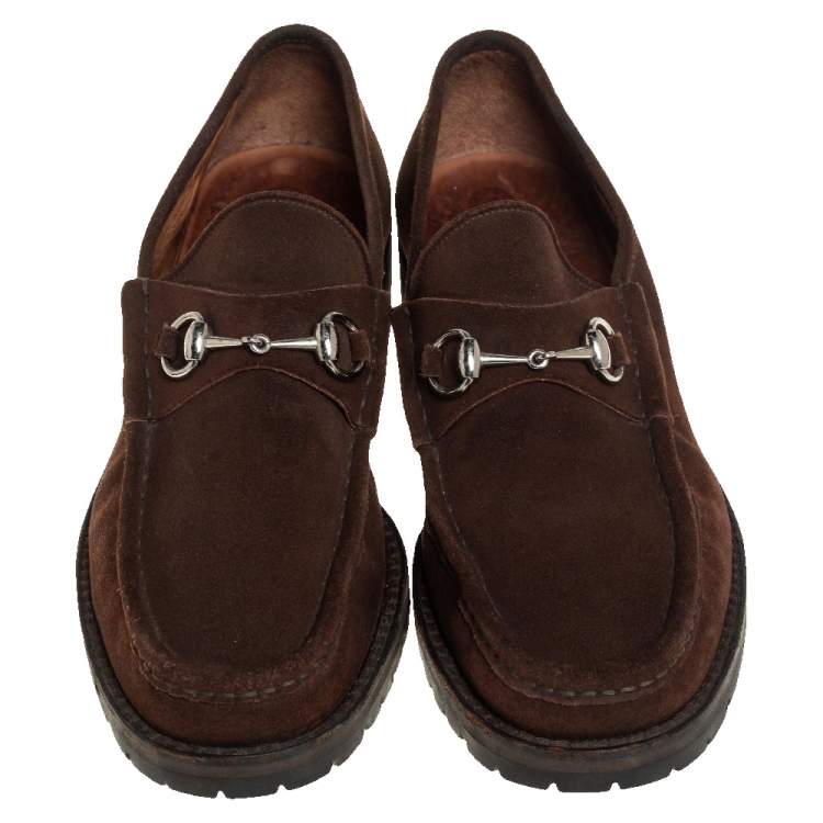 Pre Owned Gucci Brown Suede Horsebit  Slip on Loafers Size 45.5