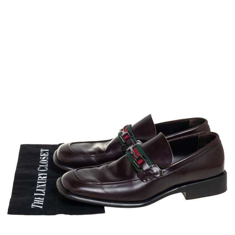 Pre Owned Gucci Brown Leather Square Horsebit Web Detail Loafers Size 45
