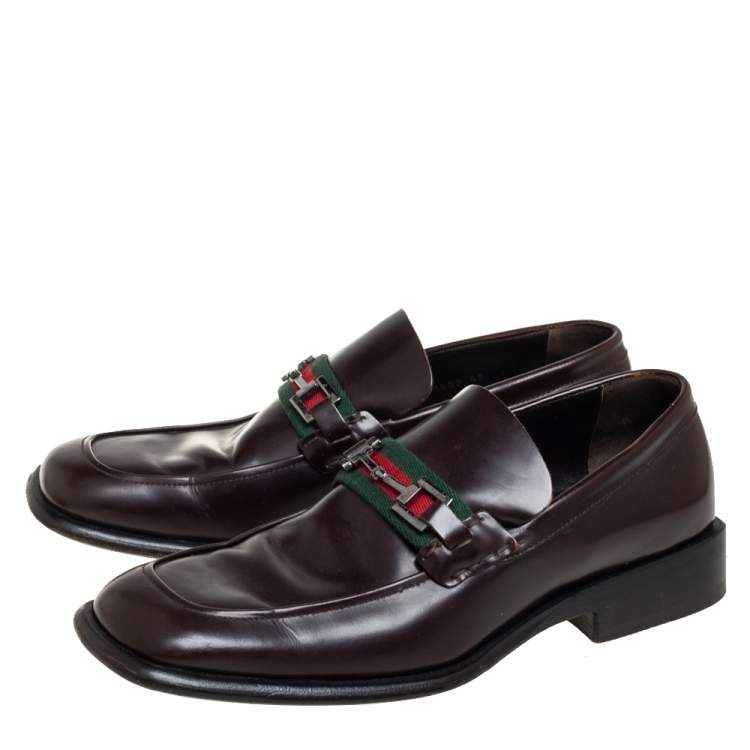 Pre Owned Gucci Brown Leather Square Horsebit Web Detail Loafers Size 45