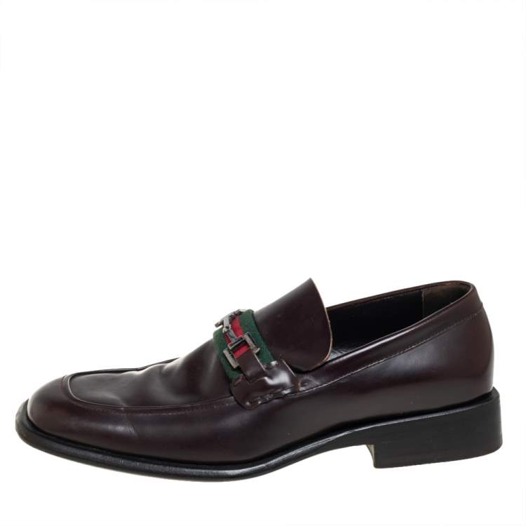 Pre Owned Gucci Brown Leather Square Horsebit Web Detail Loafers Size 45