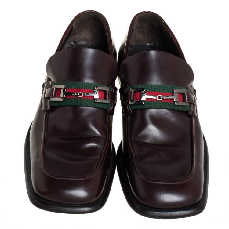 Pre Owned Gucci Brown Leather Square Horsebit Web Detail Loafers Size 45