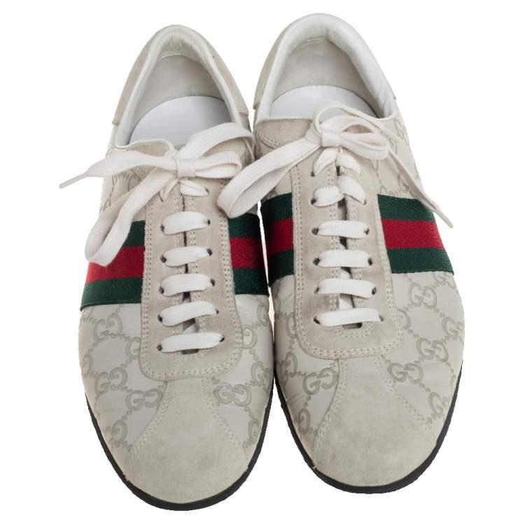 Pre Owned Gucci White Guccissima Leather And Suede Web Detail Low Top Sneakers Size 42.5