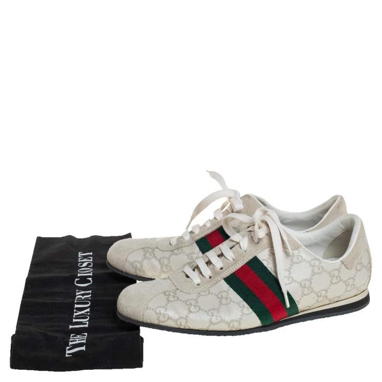 Pre Owned Gucci White Guccissima Leather And Suede Web Detail Low Top Sneakers Size 42.5