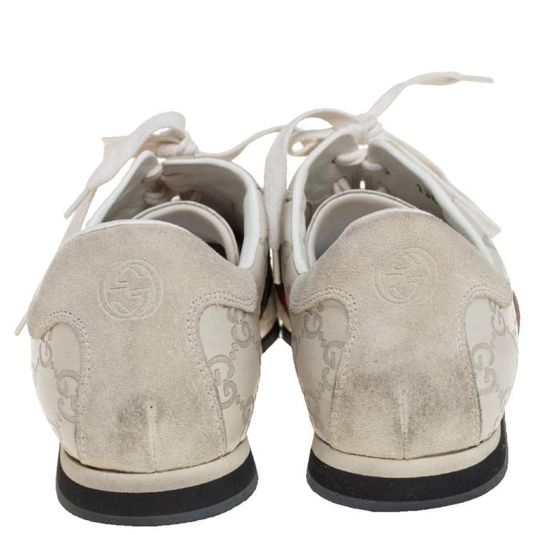 Pre Owned Gucci White Guccissima Leather And Suede Web Detail Low Top Sneakers Size 42.5