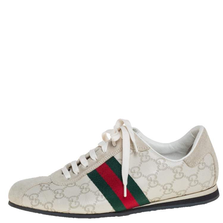 Pre Owned Gucci White Guccissima Leather And Suede Web Detail Low Top Sneakers Size 42.5