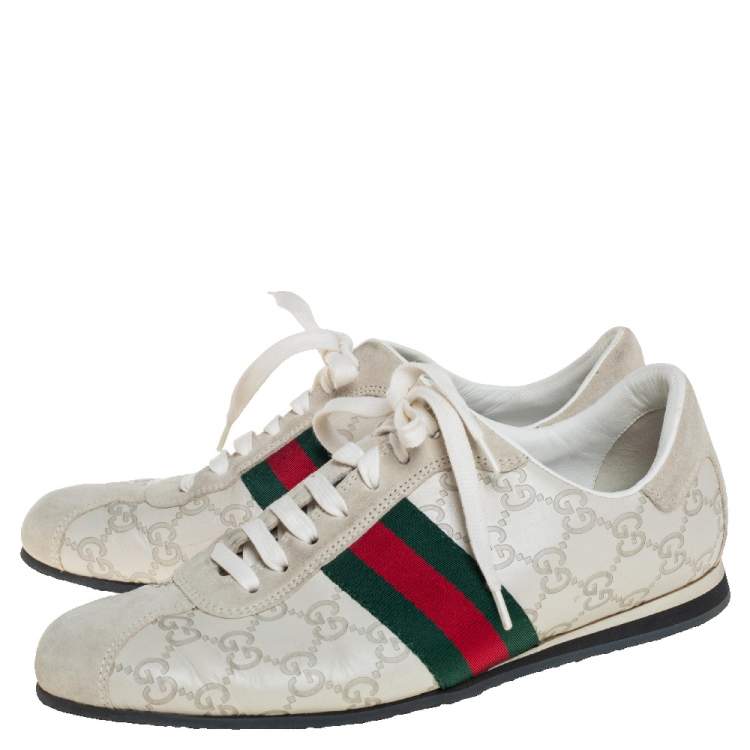Pre Owned Gucci White Guccissima Leather And Suede Web Detail Low Top Sneakers Size 42.5