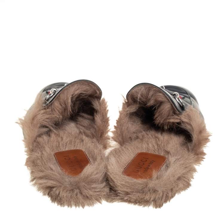 Pre Owned Gucci Black Snake Embroidered Leather and Fur Lined Princetown Mules Size 45