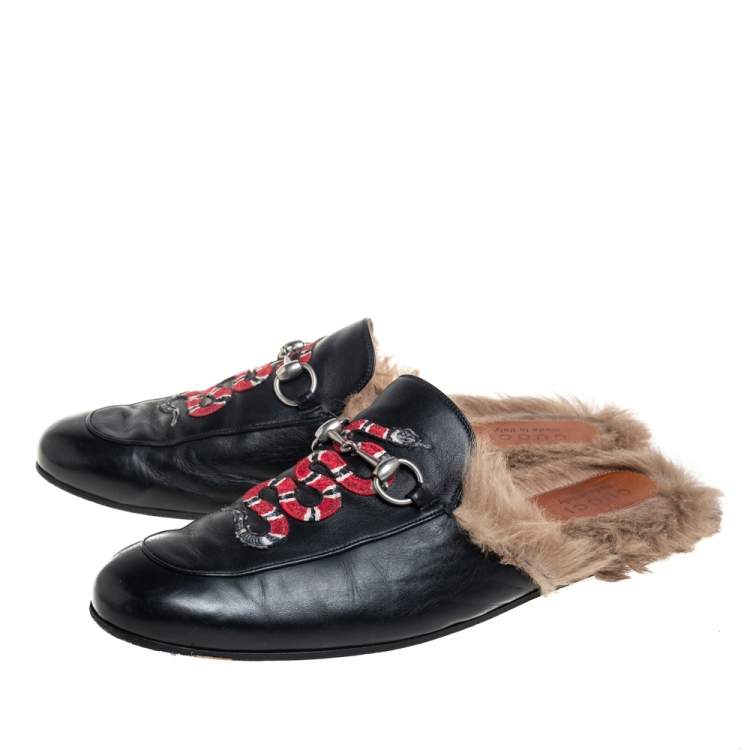 Pre Owned Gucci Black Snake Embroidered Leather and Fur Lined Princetown Mules Size 45