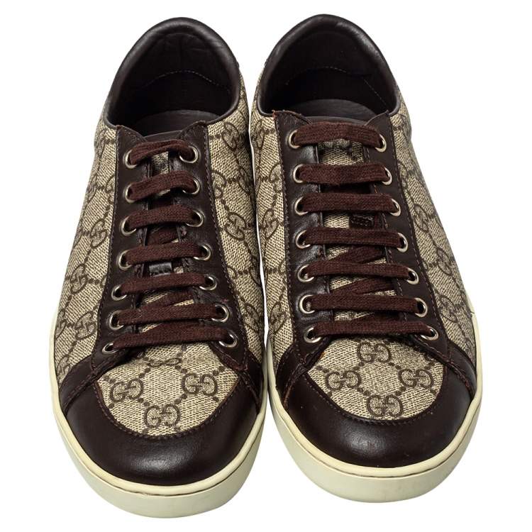Pre Owned Gucci Beige/Brown GG Supreme Canvas and Leather Low Top Sneakers Size 39