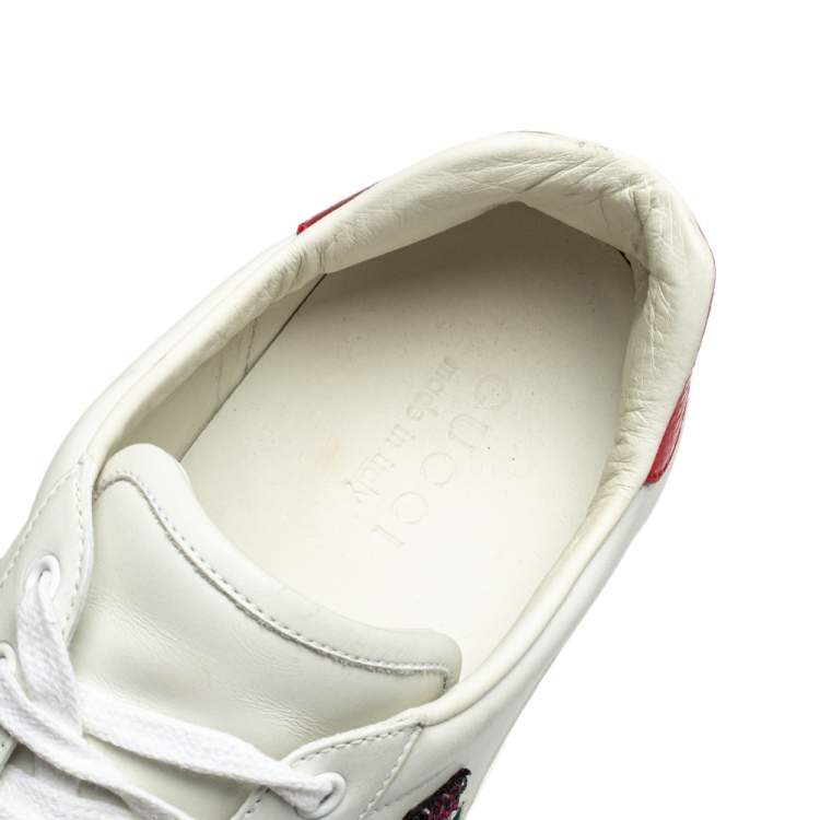 Pre Owned Gucci White Leather And Canvas Crystal Embellished Lightning Bolt Ace Low Top Sneakers Size 43.5