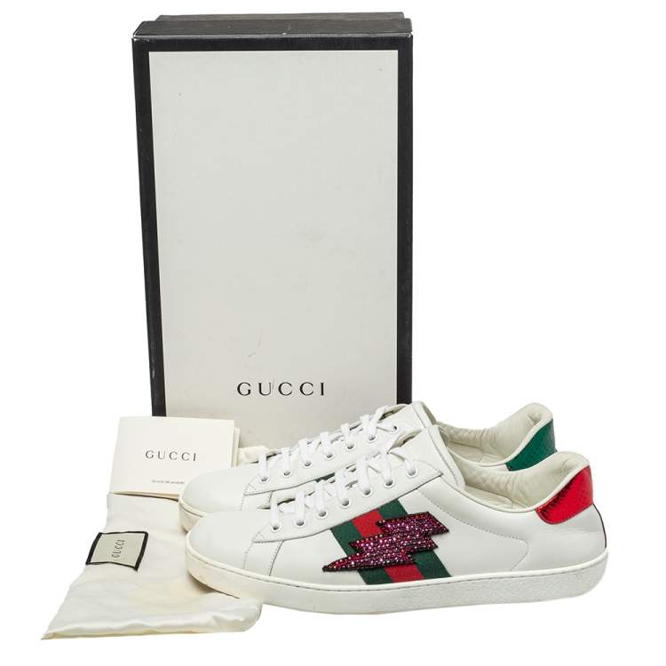 Pre Owned Gucci White Leather And Canvas Crystal Embellished Lightning Bolt Ace Low Top Sneakers Size 43.5
