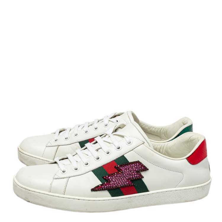 Pre Owned Gucci White Leather And Canvas Crystal Embellished Lightning Bolt Ace Low Top Sneakers Size 43.5