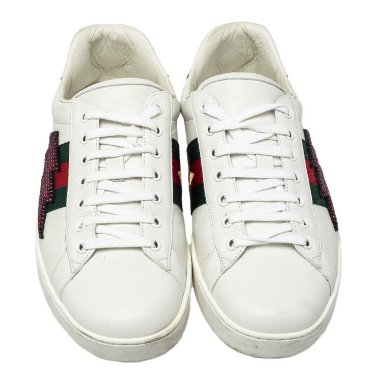 Pre Owned Gucci White Leather And Canvas Crystal Embellished Lightning Bolt Ace Low Top Sneakers Size 43.5