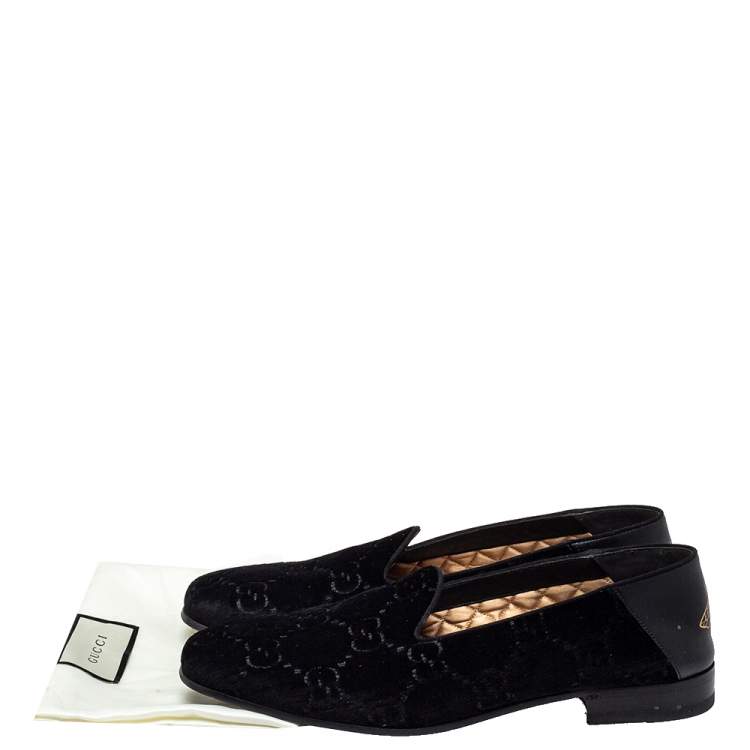 Pre Owned Gucci Black Guccissima Velvet And Leather Bee Print Smoking Slippers Size 43 