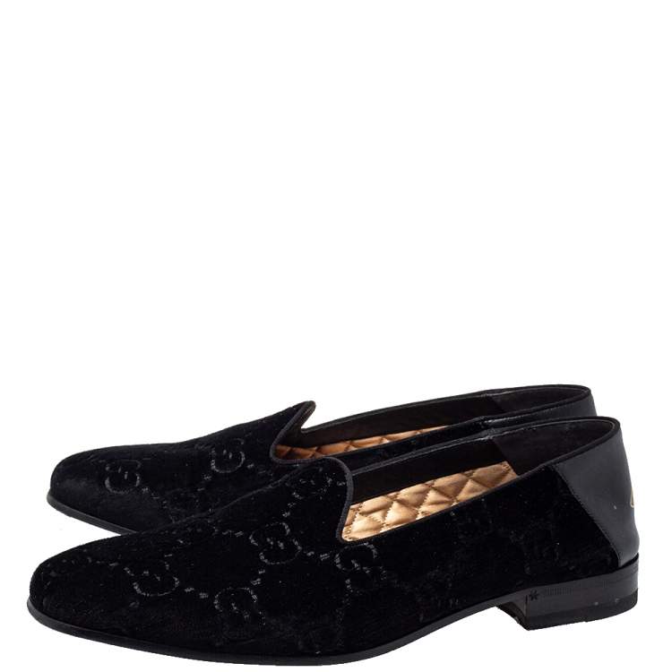 Pre Owned Gucci Black Guccissima Velvet And Leather Bee Print Smoking Slippers Size 43 