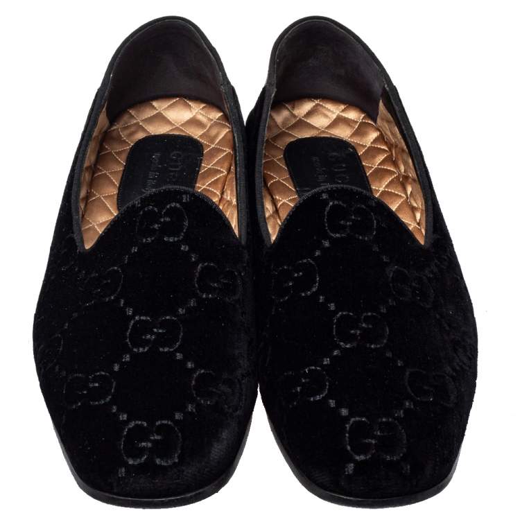 Pre Owned Gucci Black Guccissima Velvet And Leather Bee Print Smoking Slippers Size 43 