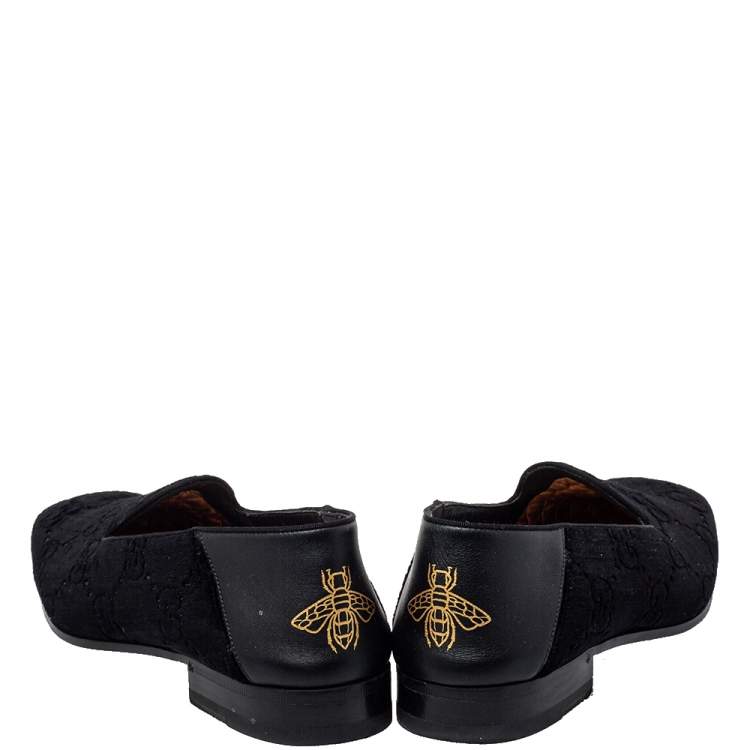 Pre Owned Gucci Black Guccissima Velvet And Leather Bee Print Smoking Slippers Size 43 
