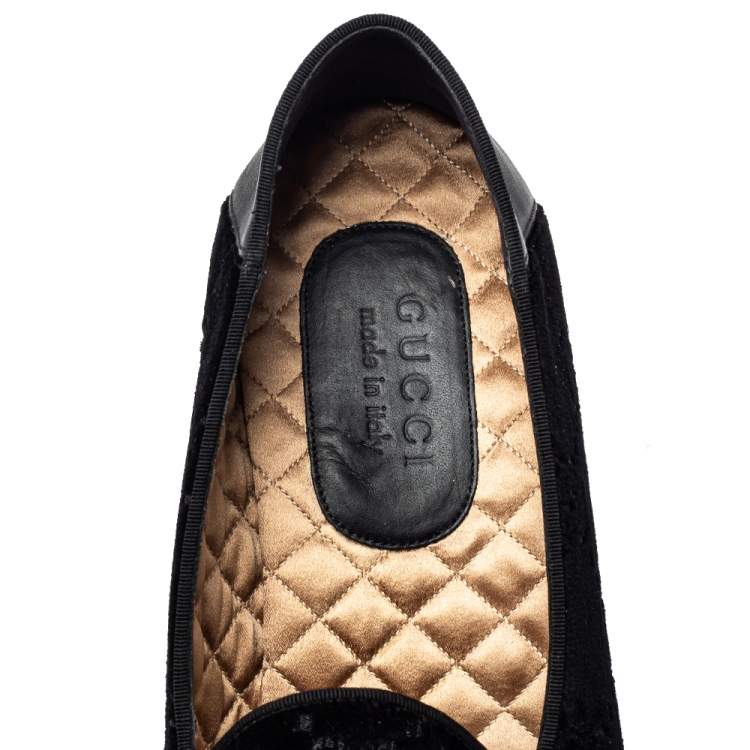 Pre Owned Gucci Black Guccissima Velvet And Leather Bee Print Smoking Slippers Size 43 