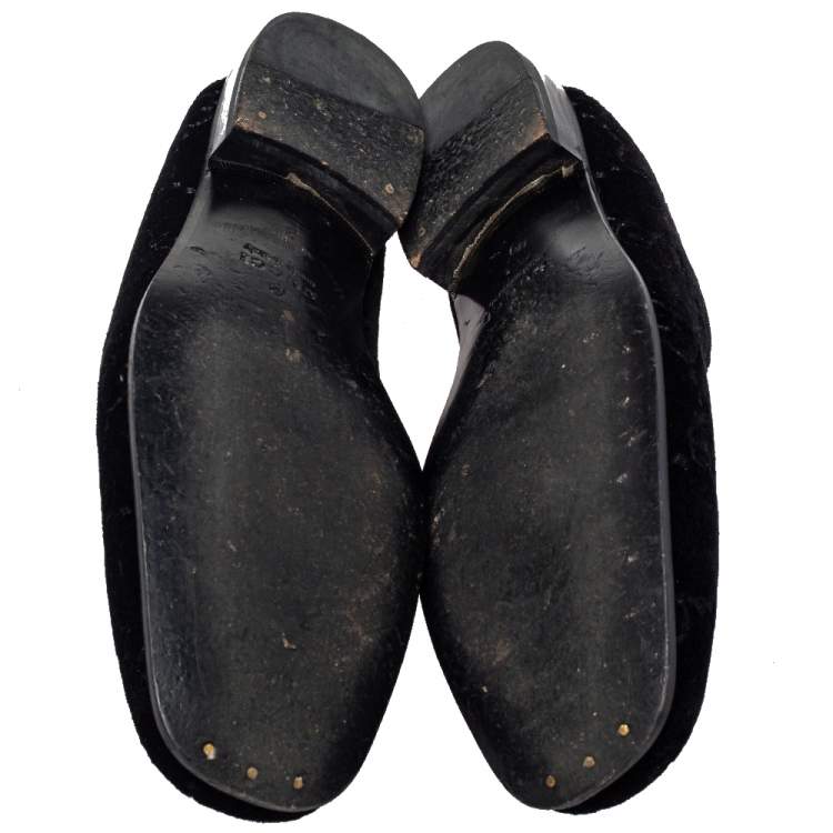 Pre Owned Gucci Black Guccissima Velvet And Leather Bee Print Smoking Slippers Size 43 