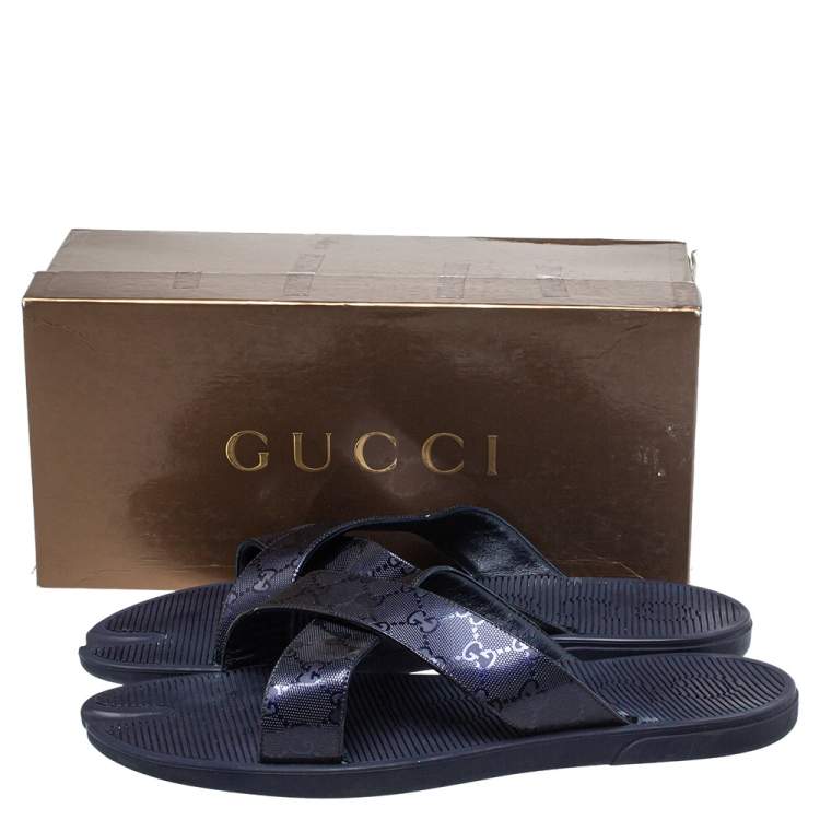 Pre Owned Gucci Blue Canvas Slide Sandals Size 48