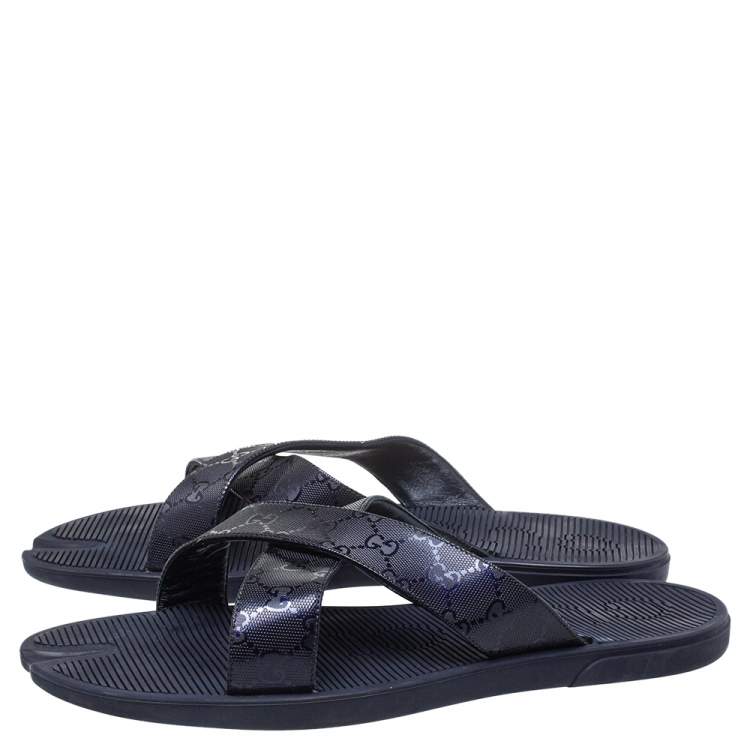 Pre Owned Gucci Blue Canvas Slide Sandals Size 48