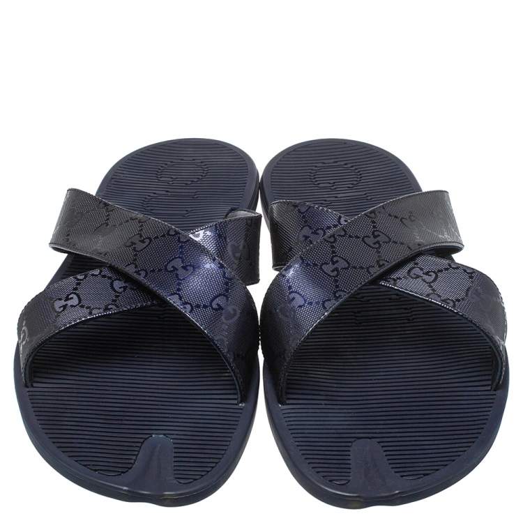 Pre Owned Gucci Blue Canvas Slide Sandals Size 48