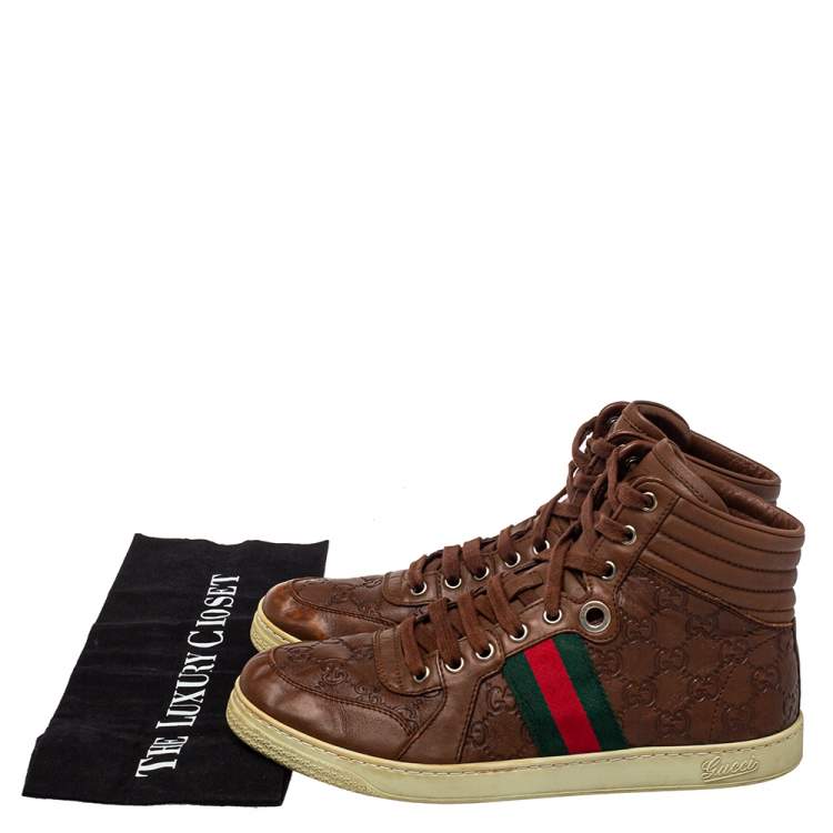 مملوكة مسبقًا Gucci Brown Guccissima Leather Web Detail High Top Sneakers Size 40