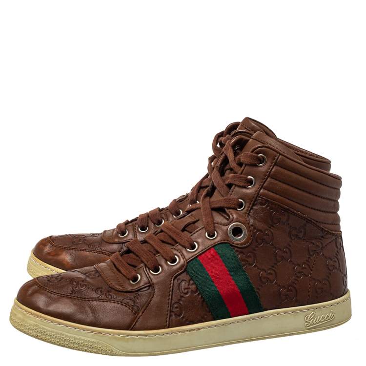 مملوكة مسبقًا Gucci Brown Guccissima Leather Web Detail High Top Sneakers Size 40