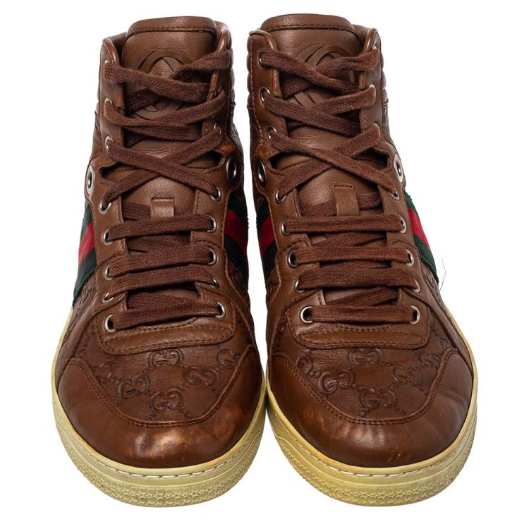 مملوكة مسبقًا Gucci Brown Guccissima Leather Web Detail High Top Sneakers Size 40