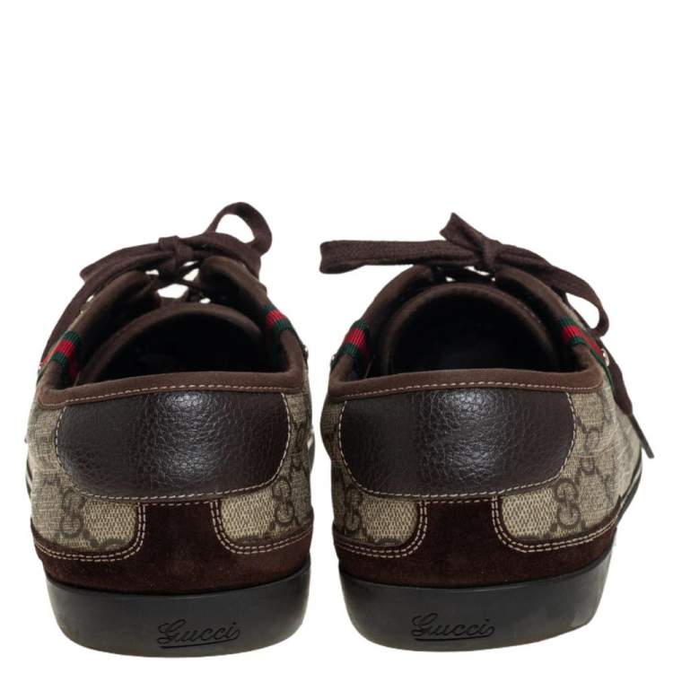 Pre Owned Gucci Brown/Beige GG Supreme Canvas And Leather Low Top Sneakers Size 43