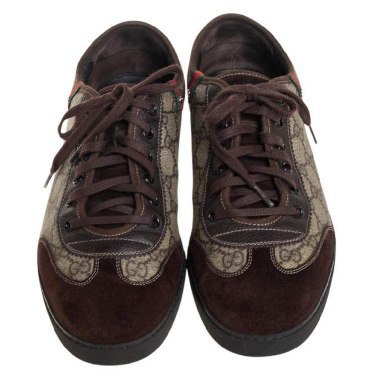 Pre Owned Gucci Brown/Beige GG Supreme Canvas And Leather Low Top Sneakers Size 43