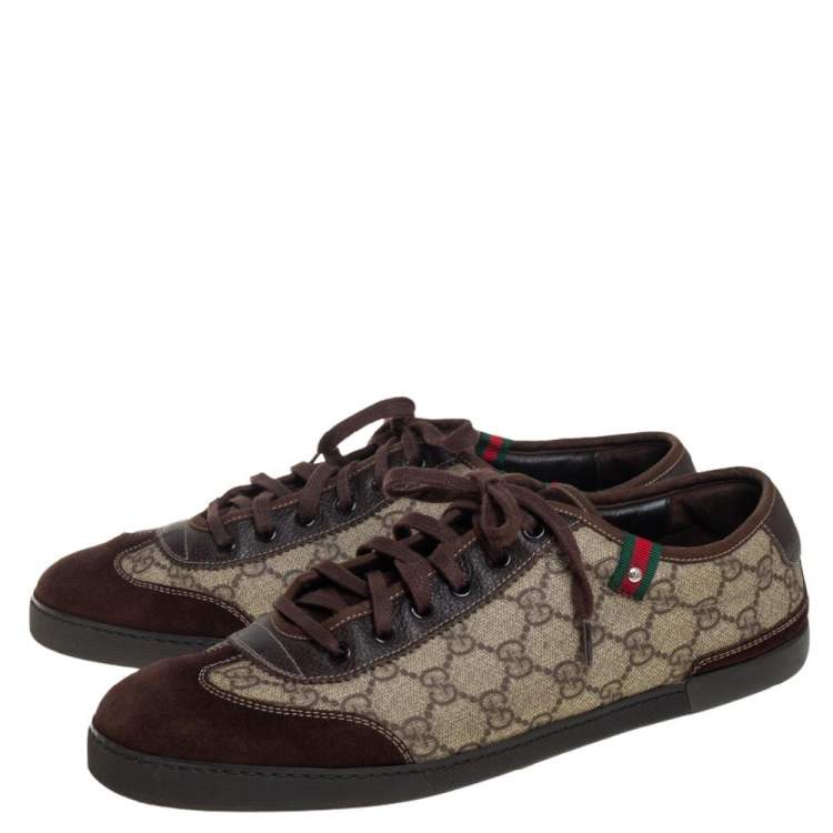 Pre Owned Gucci Brown/Beige GG Supreme Canvas And Leather Low Top Sneakers Size 43