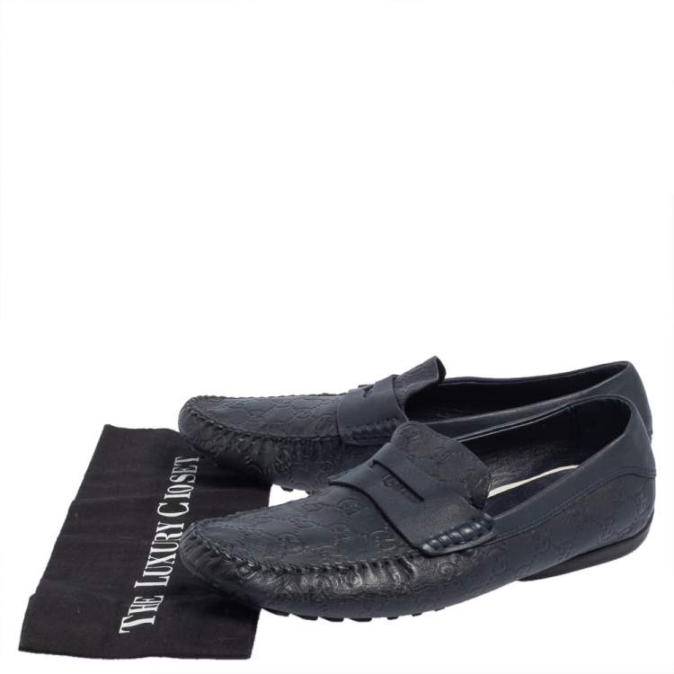 Pre Owned Gucci Dark Blue Leather Penny Slip On Loafers Size 44.5