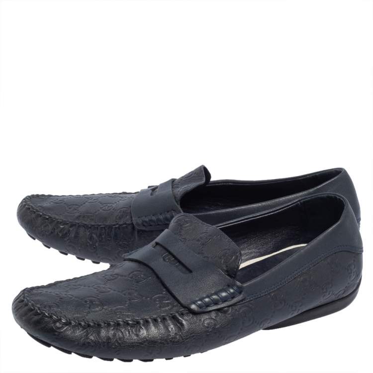 Pre Owned Gucci Dark Blue Leather Penny Slip On Loafers Size 44.5