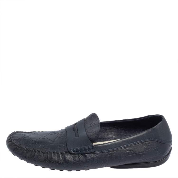 Pre Owned Gucci Dark Blue Leather Penny Slip On Loafers Size 44.5