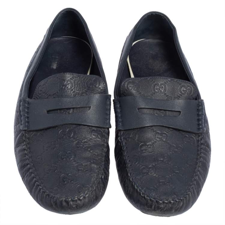 Pre Owned Gucci Dark Blue Leather Penny Slip On Loafers Size 44.5
