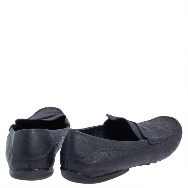 Pre Owned Gucci Dark Blue Leather Penny Slip On Loafers Size 44.5