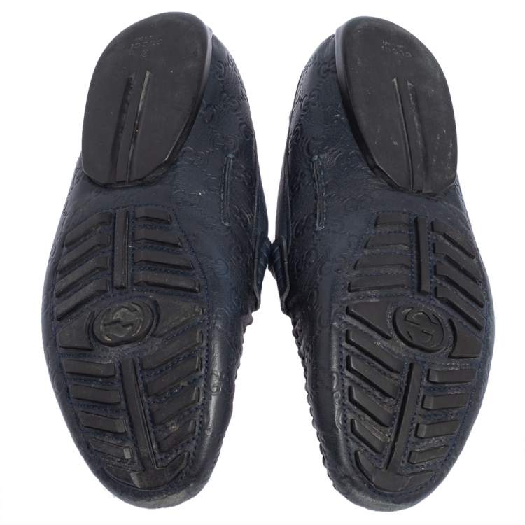 Pre Owned Gucci Dark Blue Leather Penny Slip On Loafers Size 44.5