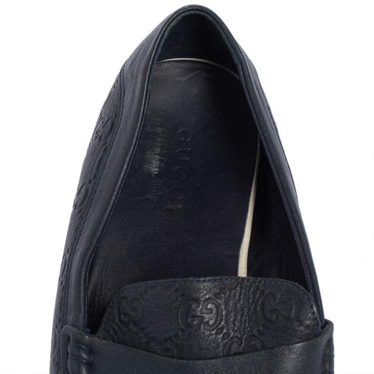 Pre Owned Gucci Dark Blue Leather Penny Slip On Loafers Size 44.5
