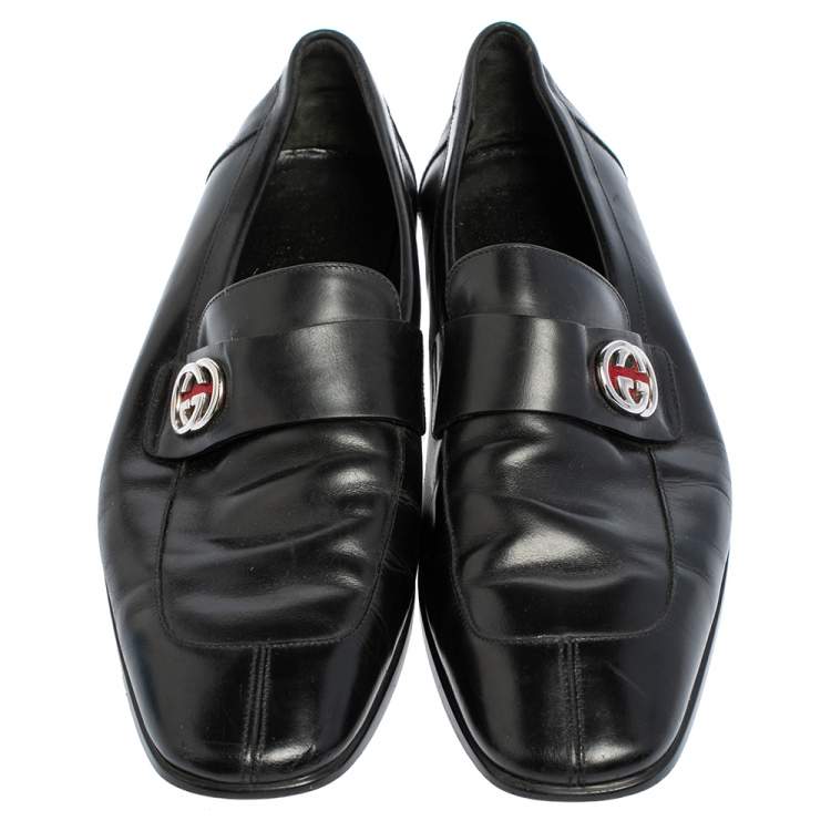Pre Owned Gucci Black Leather Interlocking GG Loafers Size 41