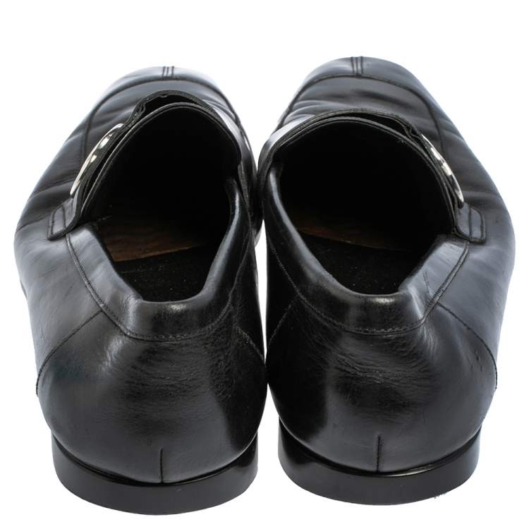 Pre Owned Gucci Black Leather Interlocking GG Loafers Size 41
