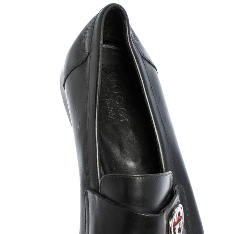 Pre Owned Gucci Black Leather Interlocking GG Loafers Size 41
