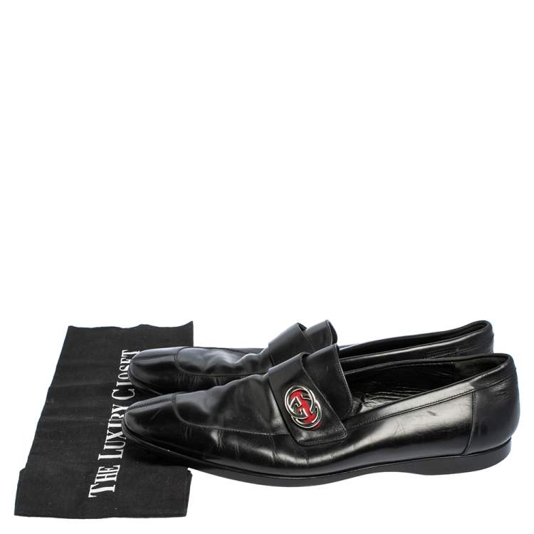 Pre Owned Gucci Black Leather Interlocking GG Loafers Size 41