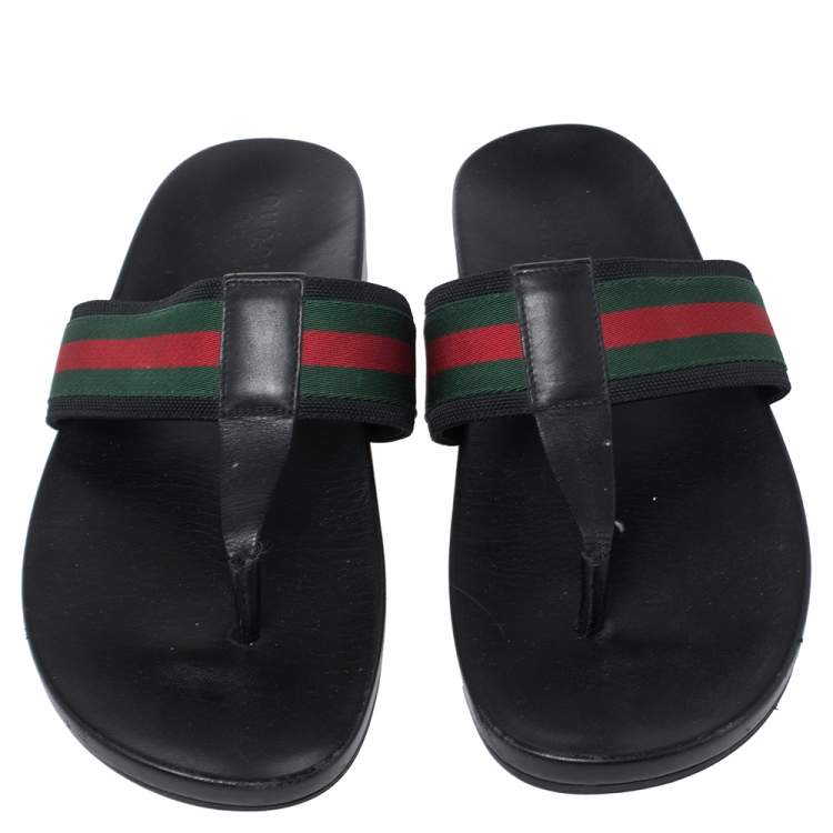 Pre Owned Gucci Black Leather Web Detail Thong Flats Size 44