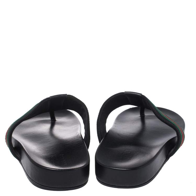 Pre Owned Gucci Black Leather Web Detail Thong Flats Size 44